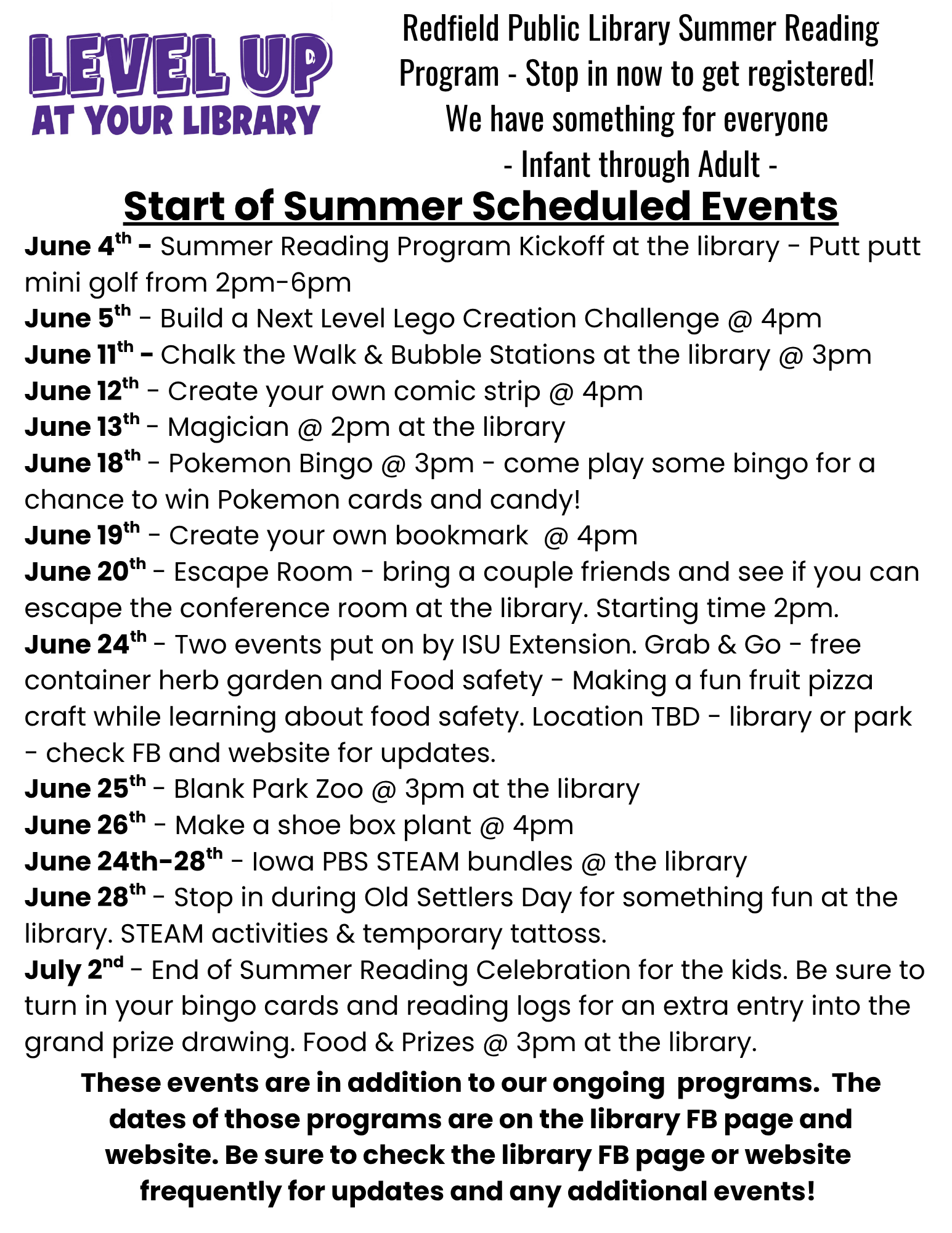 Redfield Public Library Summer Reading Program Stop in now to get registered! We have something for everyone - Infant through Adult (2).png